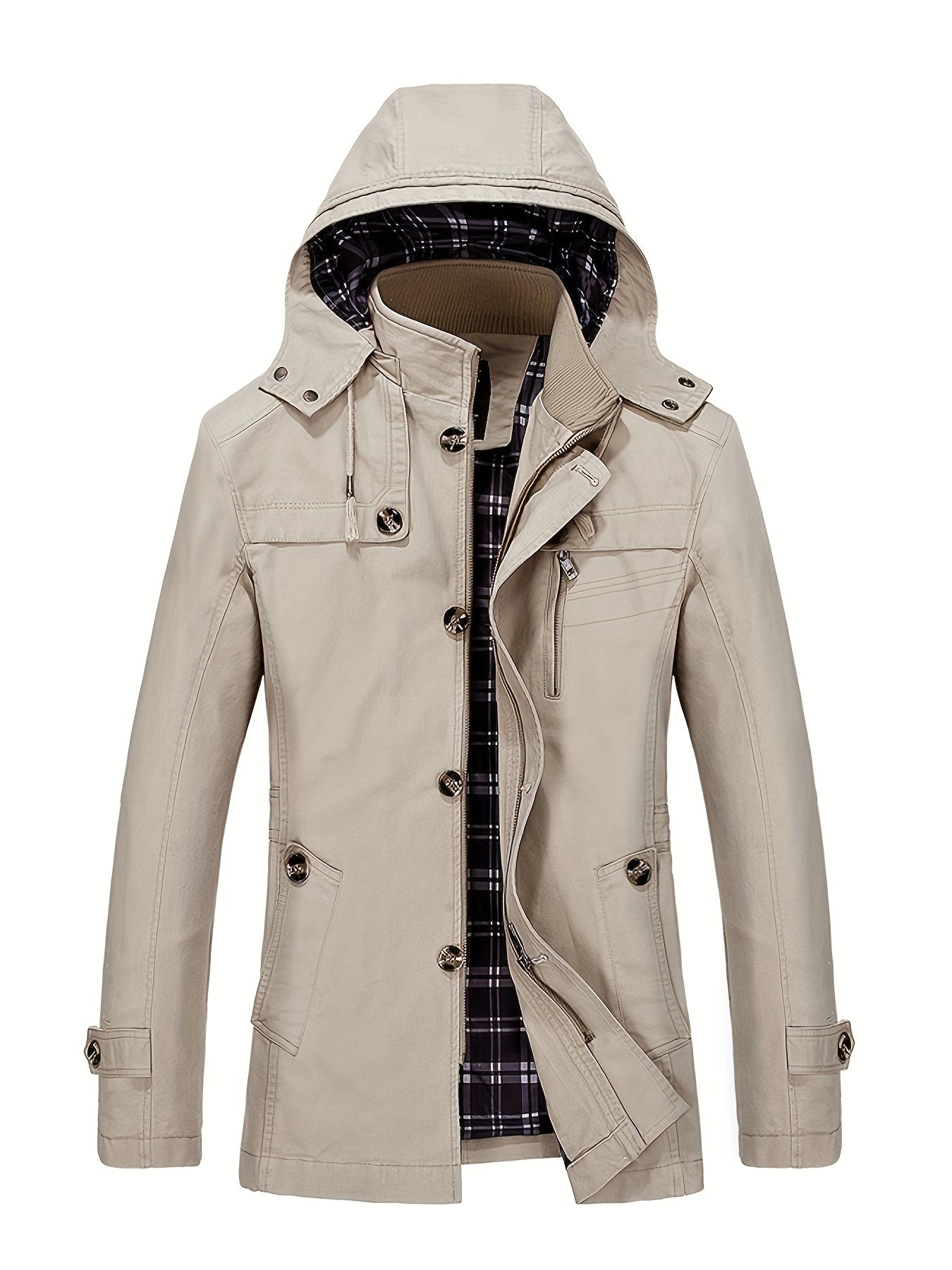 Heren TrenchCoat met Kap en Zakken met Ritssluiting