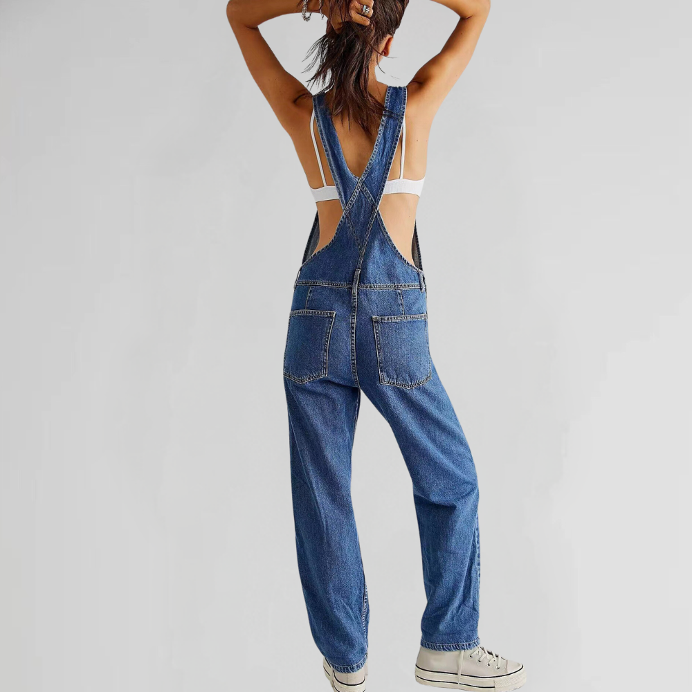 Denim dames jumpsuit met gekruiste rug