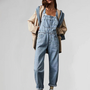 Denim dames jumpsuit met gekruiste rug